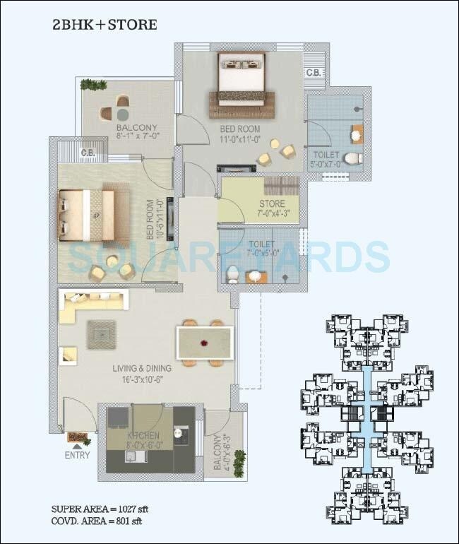 Floor plan of 2 BHK 1027 Sq. Ft. Apartment in Stellar Jeevan, Greater Noida