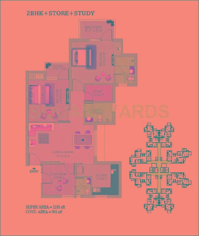 Floor plan of 2 BHK 1193 Sq. Ft. Apartment in Stellar Jeevan, Greater Noida