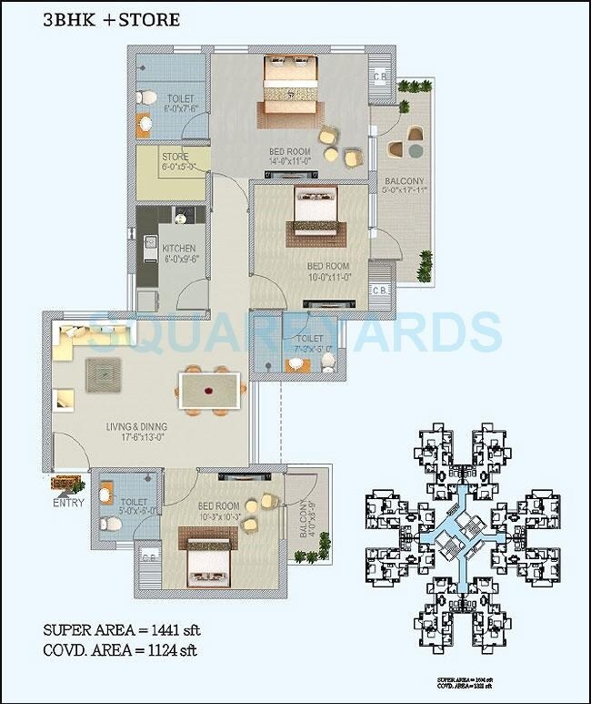 Floor plan of 3 BHK 1441 Sq. Ft. Apartment in Stellar Jeevan, Greater Noida