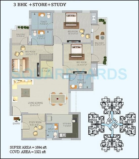 Floor plan of 3 BHK 1694 Sq. Ft. Apartment in Stellar Jeevan, Greater Noida