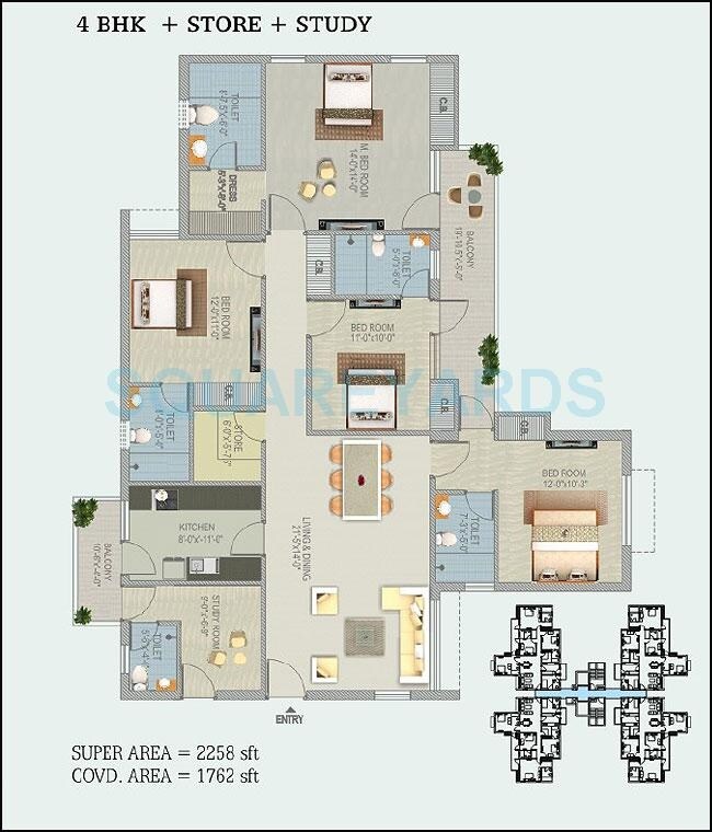 Floor plan of 4 BHK 2258 Sq. Ft. Apartment in Stellar Jeevan, Greater Noida