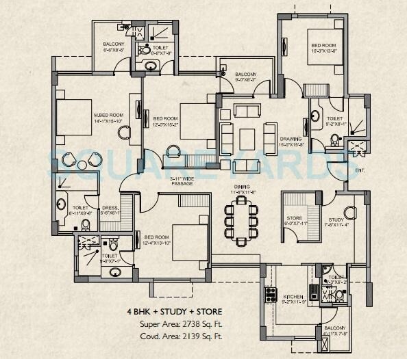 Floor plan of 4 BHK 2738 Sq. Ft. Apartment in Steller Mi Legacy, Greater Noida
