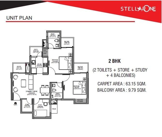 Floor plan of 2 BHK 1220 Sq. Ft. Apartment in Stellar One, Greater Noida