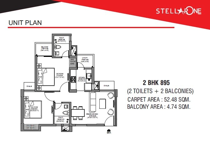 Floor plan of 2 BHK 895 Sq. Ft. Apartment in Stellar One, Greater Noida