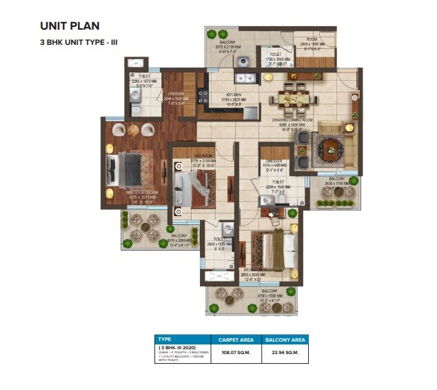 Floor plan of 3 BHK 2020 Sq. Ft. Apartment in Stellar One, Greater Noida