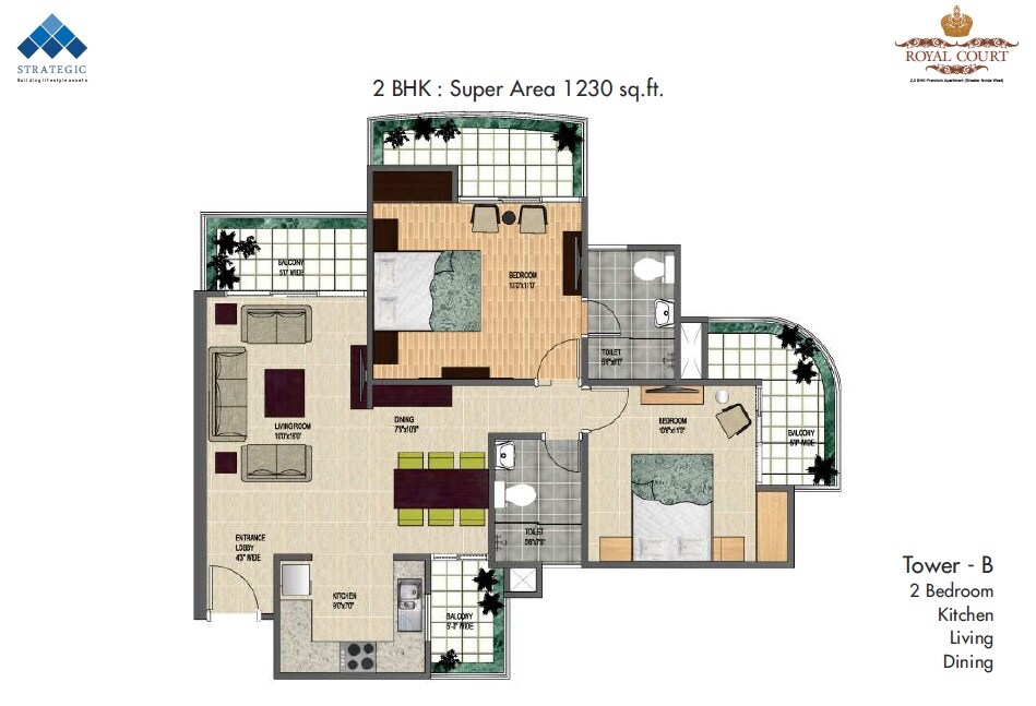 Floor plan of 2 BHK 1230 Sq. Ft. Apartment in Strategic Royal Court, Greater Noida