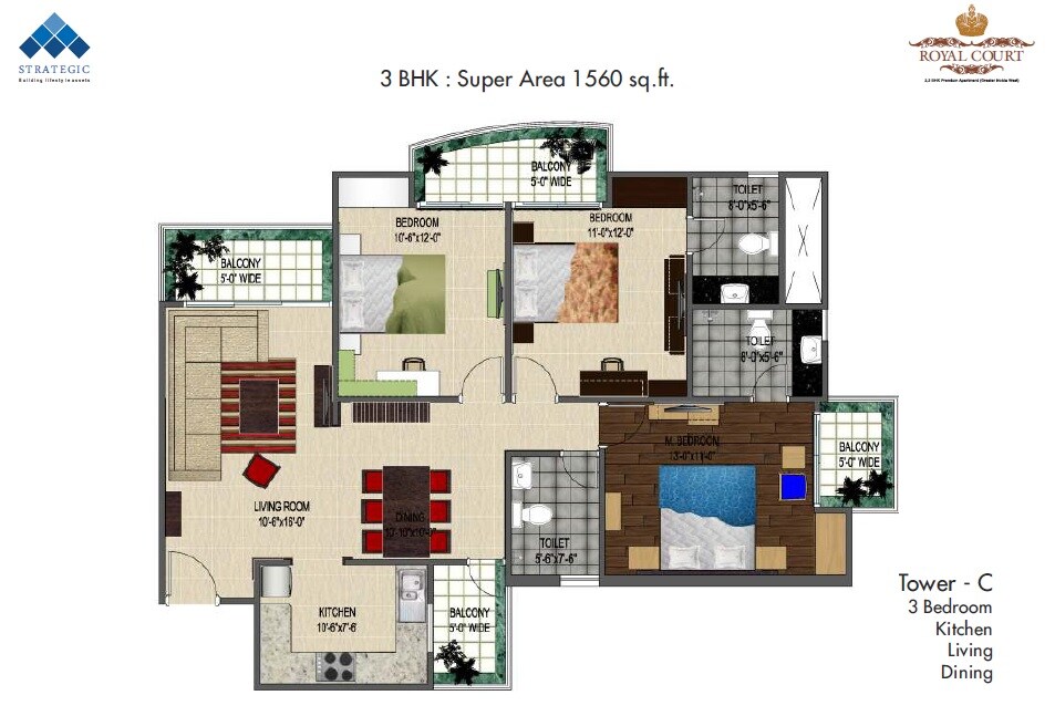Floor plan of 3 BHK 1560 Sq. Ft. Apartment in Strategic Royal Court, Greater Noida