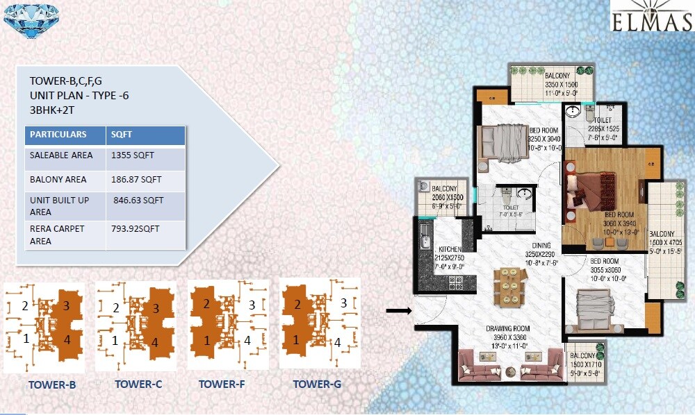 Floor plan of 3 BHK 1355 Sq. Ft. Apartment in Sublime Spring Elmas, Greater Noida