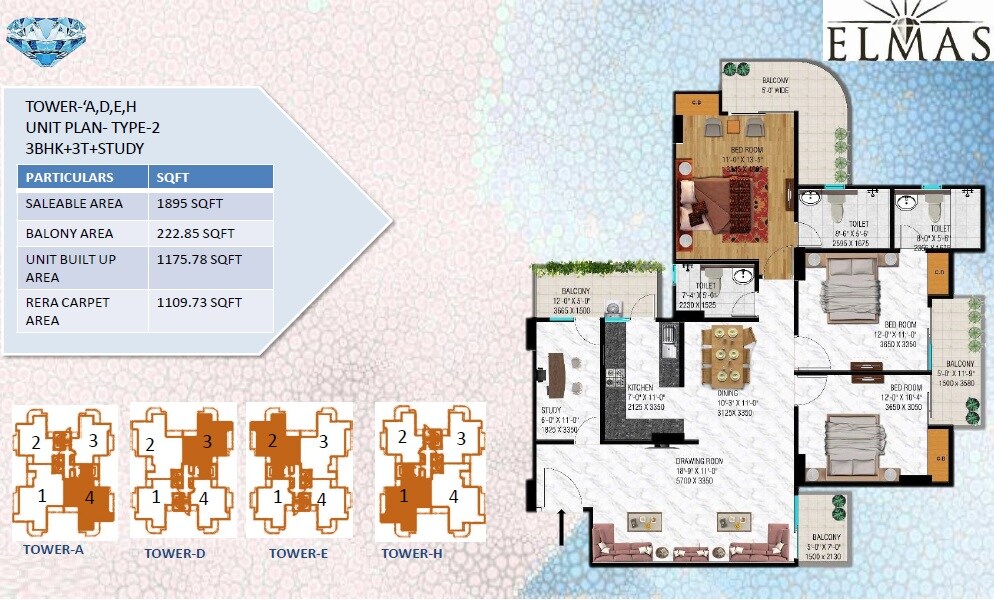 Floor plan of 3 BHK 1895 Sq. Ft. Apartment in Sublime Spring Elmas, Greater Noida