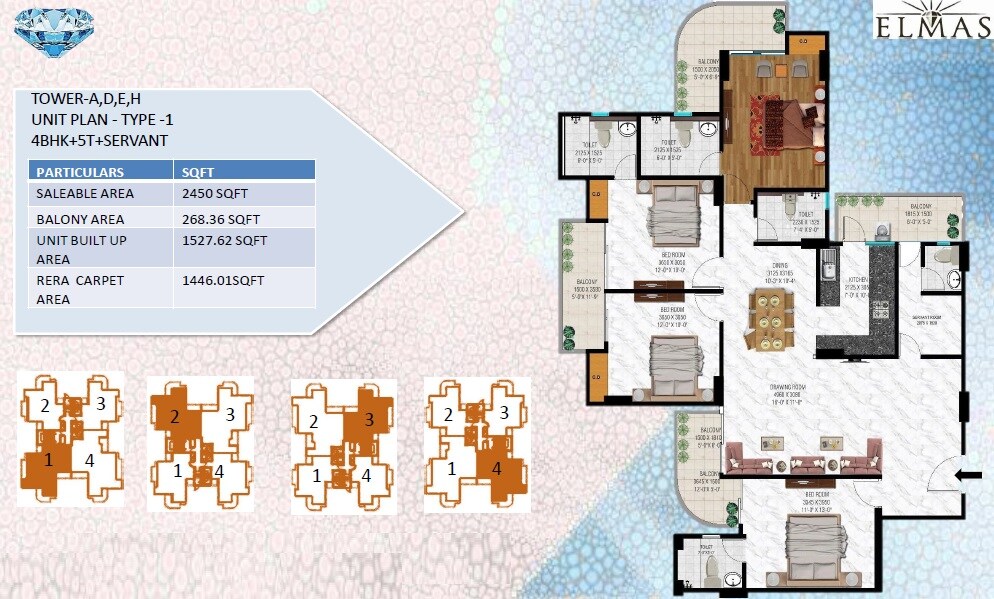 Floor plan of 4 BHK 2450 Sq. Ft. Apartment in Sublime Spring Elmas, Greater Noida
