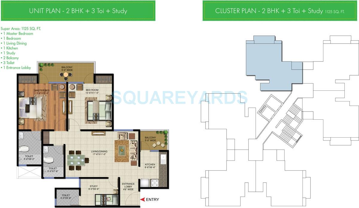 Floor plan of 2 BHK 1125 Sq. Ft. Apartment in Sunworld Vandita, Greater Noida