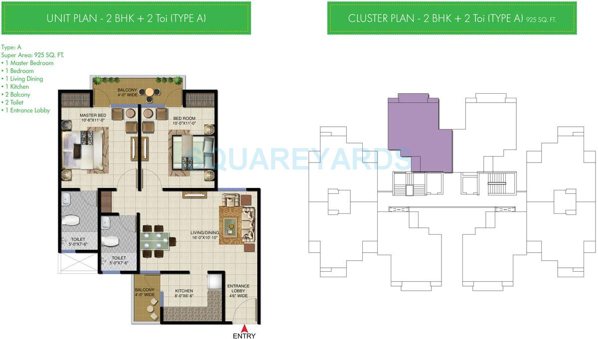 Floor plan of 2 BHK 925 Sq. Ft. Apartment in Sunworld Vandita, Greater Noida