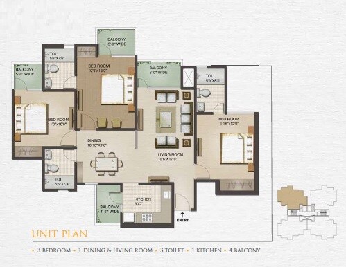 Floor plan of 3 BHK 1425 Sq. Ft. Apartment in Sunworld Vandita, Greater Noida