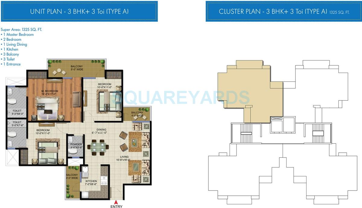 Floor plan of 3 BHK 1325 Sq. Ft. Apartment in Sunworld Vandita, Greater Noida