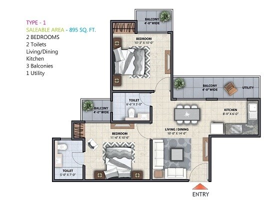 Floor plan of 2 BHK 895 Sq. Ft. Apartment in Supercity Mayfair Residency Phase II, Greater Noida