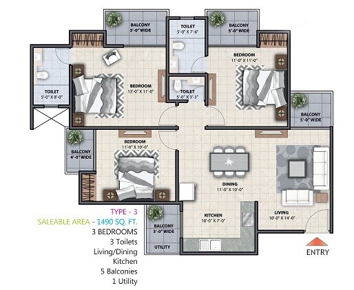 Floor plan of 3 BHK 1490 Sq. Ft. Apartment in Supercity Mayfair Residency Phase II, Greater Noida