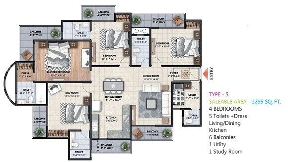 Floor plan of 4 BHK 2285 Sq. Ft. Apartment in Supercity Mayfair Residency Phase II, Greater Noida