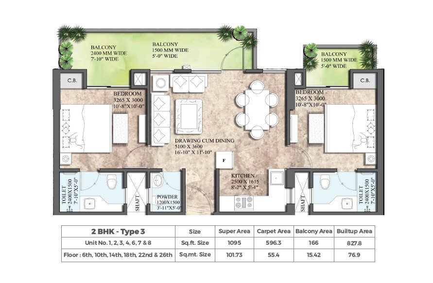 Floor plan of 2 BHK 1095 Sq. Ft. Apartment in Supertech 27 Heights, Greater Noida