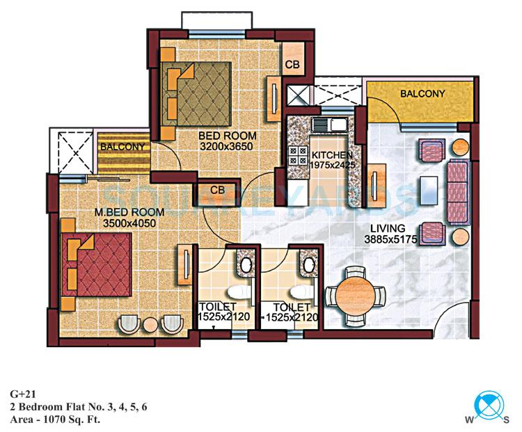 Floor plan of 2 BHK 1070 Sq. Ft. Apartment in Supertech Czar Suites, Greater Noida