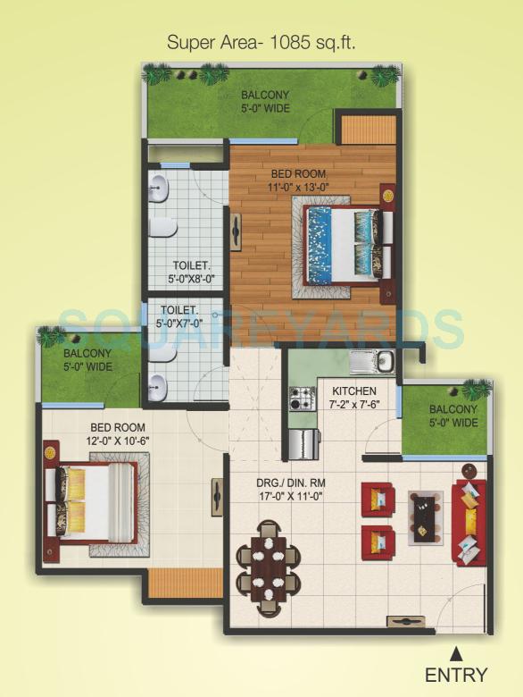 Floor plan of 2 BHK 1085 Sq. Ft. Apartment in Supertech Czar Suites, Greater Noida