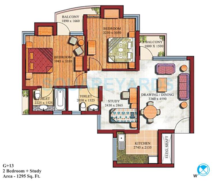 Floor plan of 2 BHK 1295 Sq. Ft. Apartment in Supertech Czar Suites, Greater Noida