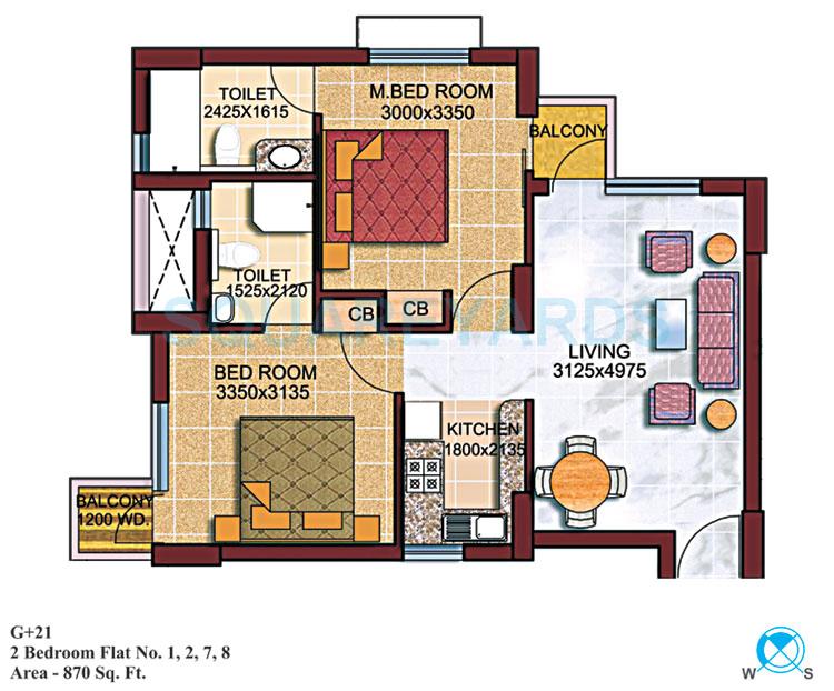 Floor plan of 2 BHK 870 Sq. Ft. Apartment in Supertech Czar Suites, Greater Noida