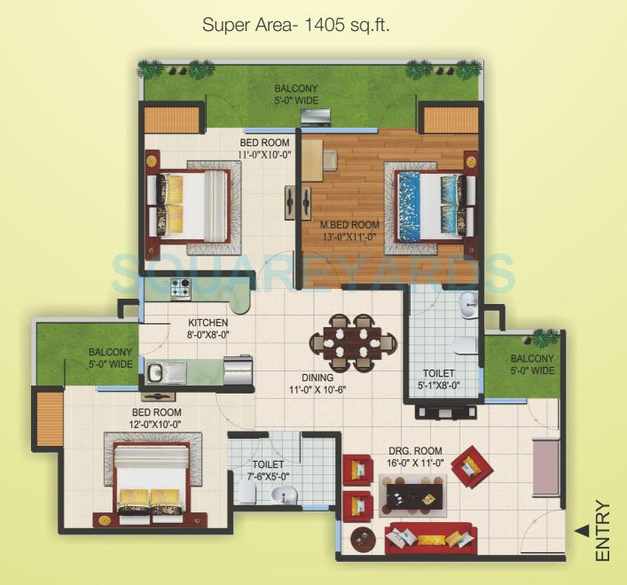 Floor plan of 3 BHK 1405 Sq. Ft. Apartment in Supertech Czar Suites, Greater Noida