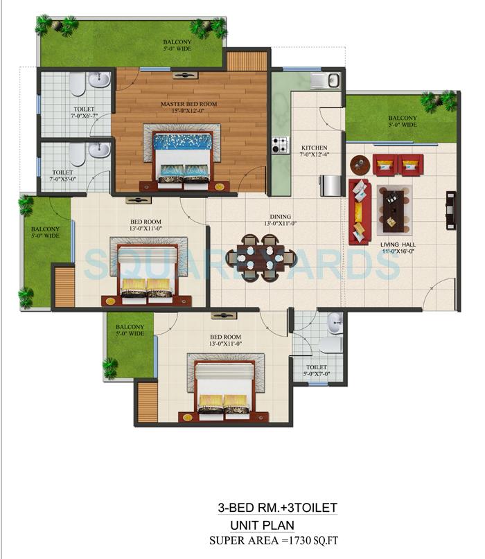 Floor plan of 3 BHK 1730 Sq. Ft. Apartment in Supertech Czar Suites, Greater Noida
