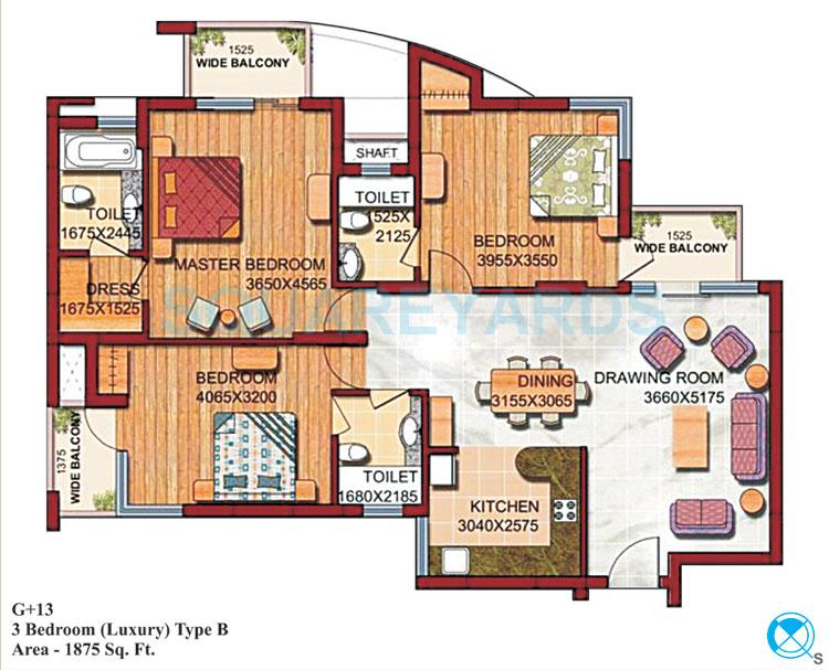 Floor plan of 3 BHK 1875 Sq. Ft. Apartment in Supertech Czar Suites, Greater Noida
