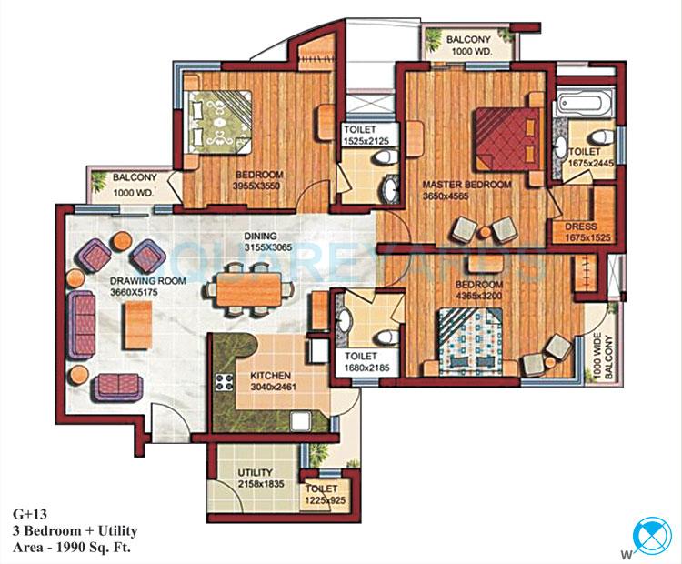 Floor plan of 3 BHK 1990 Sq. Ft. Apartment in Supertech Czar Suites, Greater Noida