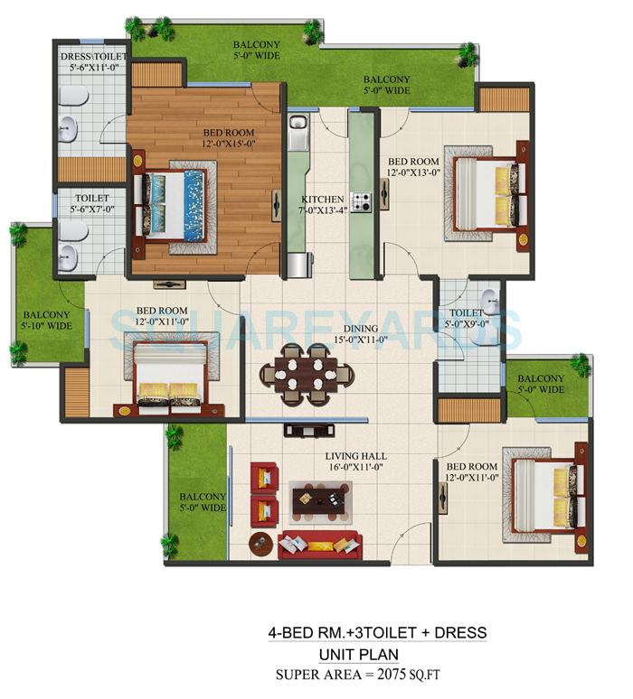Floor plan of 4 BHK 2075 Sq. Ft. Apartment in Supertech Czar Suites, Greater Noida