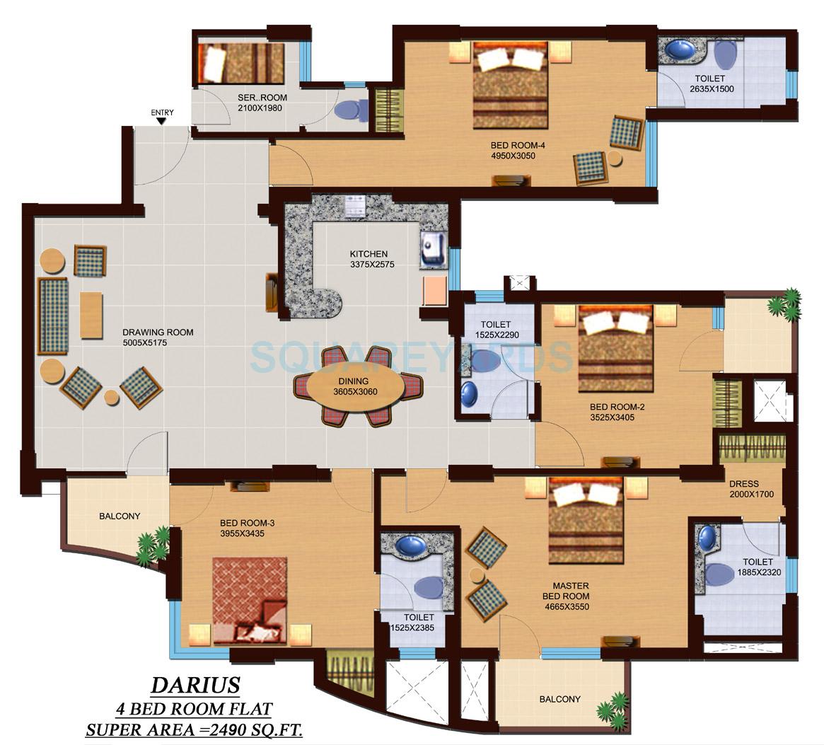 Floor plan of 4 BHK 2490 Sq. Ft. Apartment in Supertech Czar Suites, Greater Noida