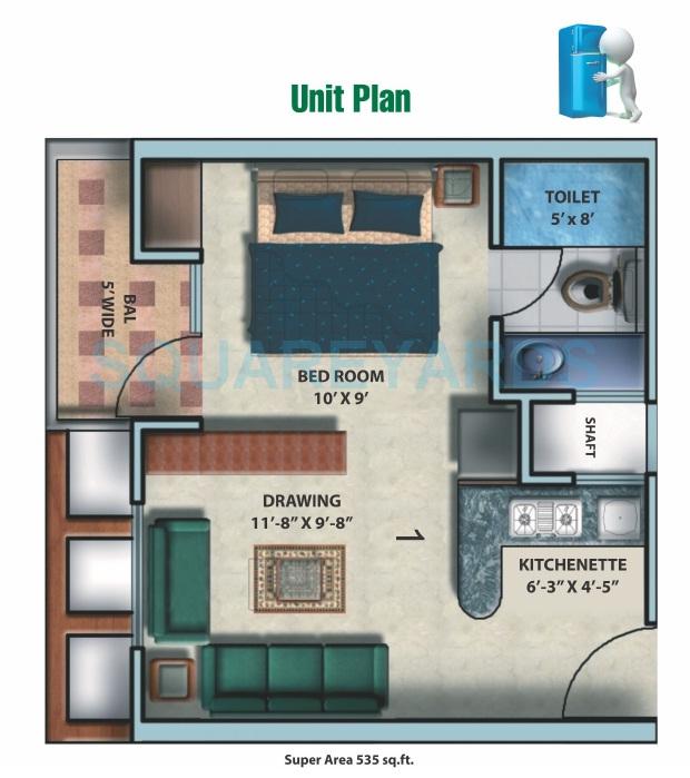 Floor plan of 1 BHK 535 Sq. Ft. Apartment in Supertech Ecolofts, Greater Noida