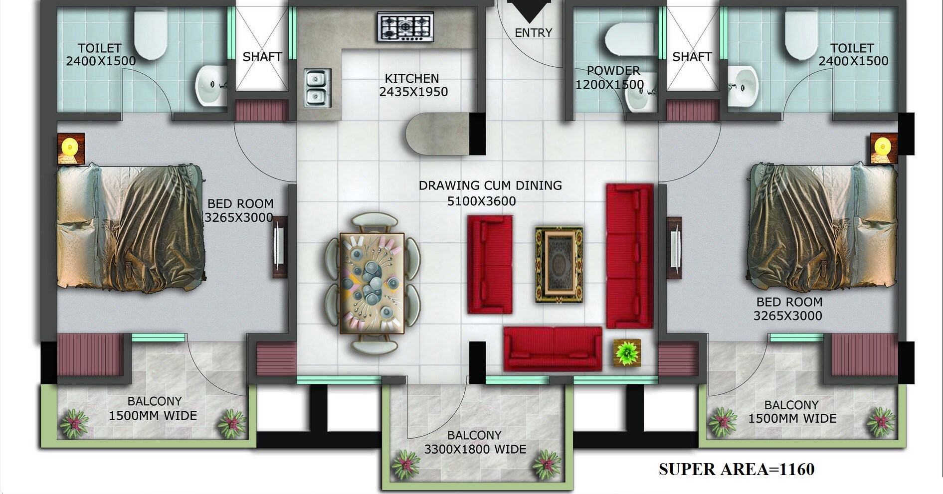 Floor plan of 2 BHK 1160 Sq. Ft. Apartment in Supertech Ecolofts, Greater Noida
