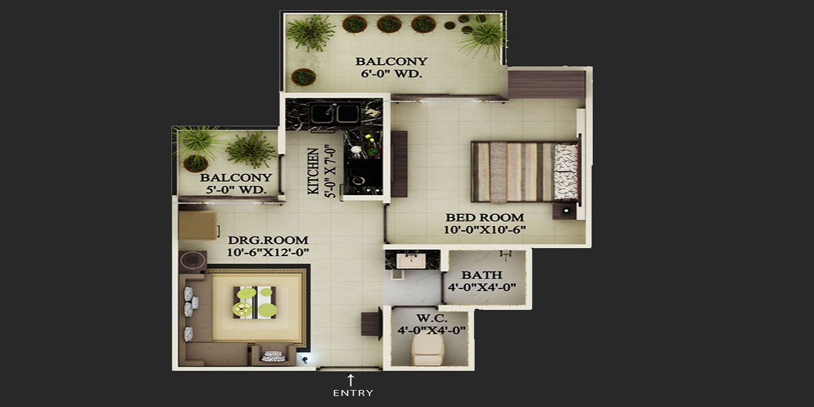 Floor plan of 1 BHK 598 Sq. Ft. Apartment in Supertech Ecovillage I, Greater Noida