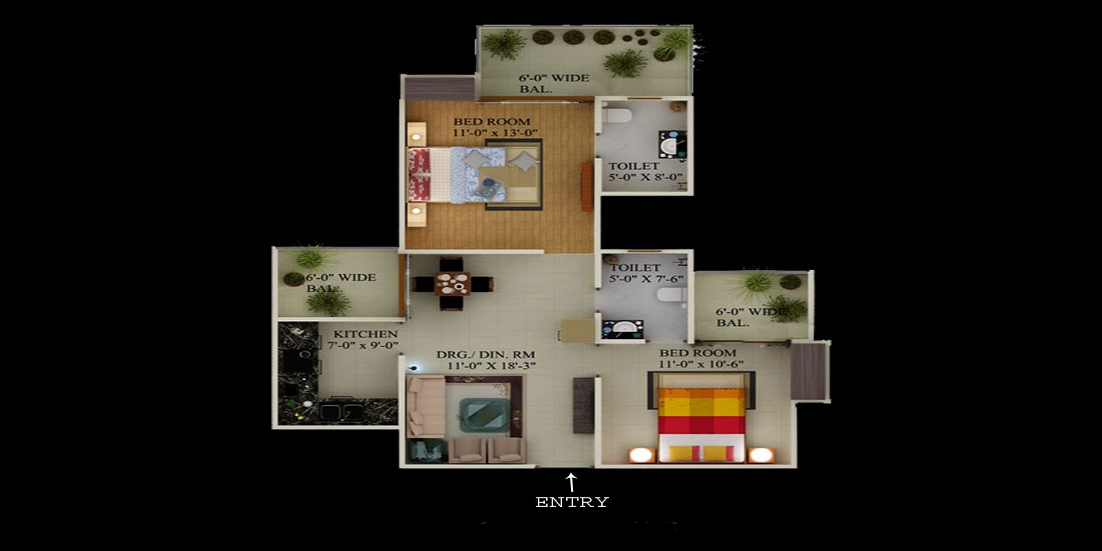 Floor plan of 2 BHK 1106 Sq. Ft. Apartment in Supertech Ecovillage I, Greater Noida