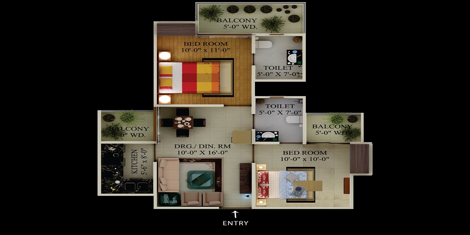 Floor plan of 2 BHK 890 Sq. Ft. Apartment in Supertech Ecovillage I, Greater Noida