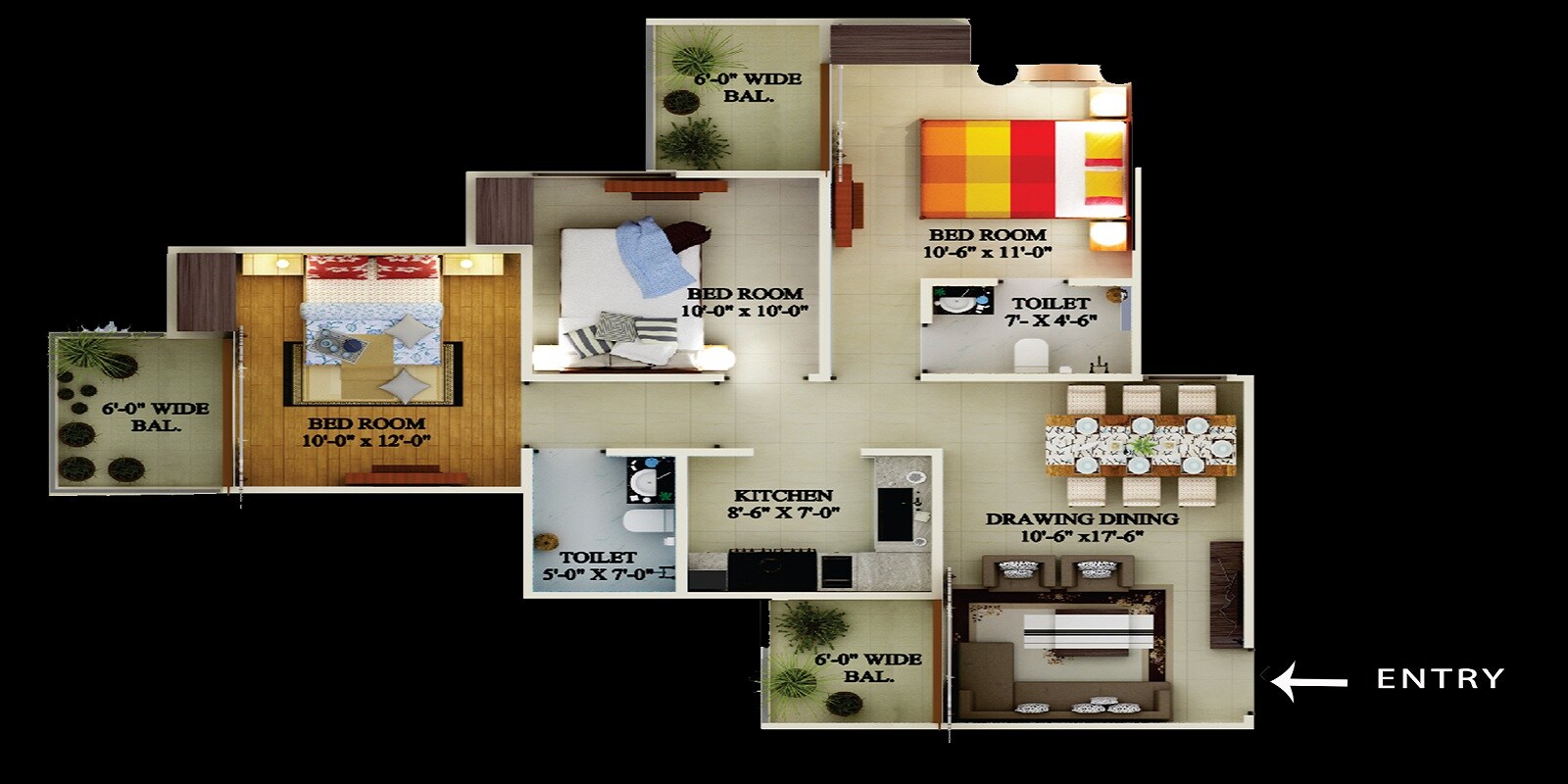 Floor plan of 3 BHK 1267 Sq. Ft. Apartment in Supertech Ecovillage I, Greater Noida