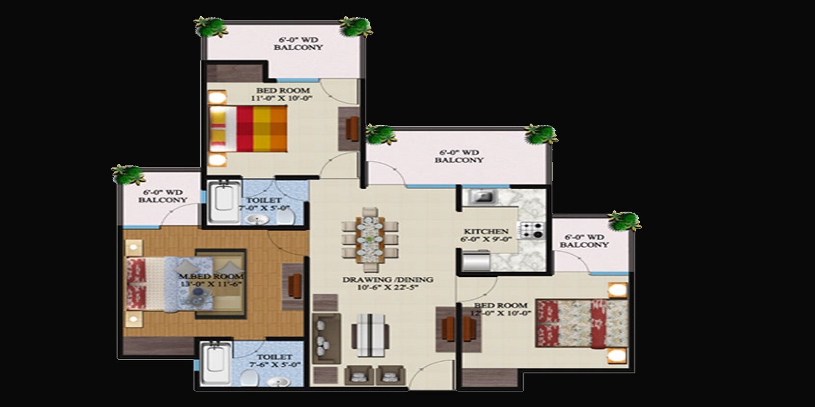 Floor plan of 3 BHK 1375 Sq. Ft. Apartment in Supertech Ecovillage I, Greater Noida