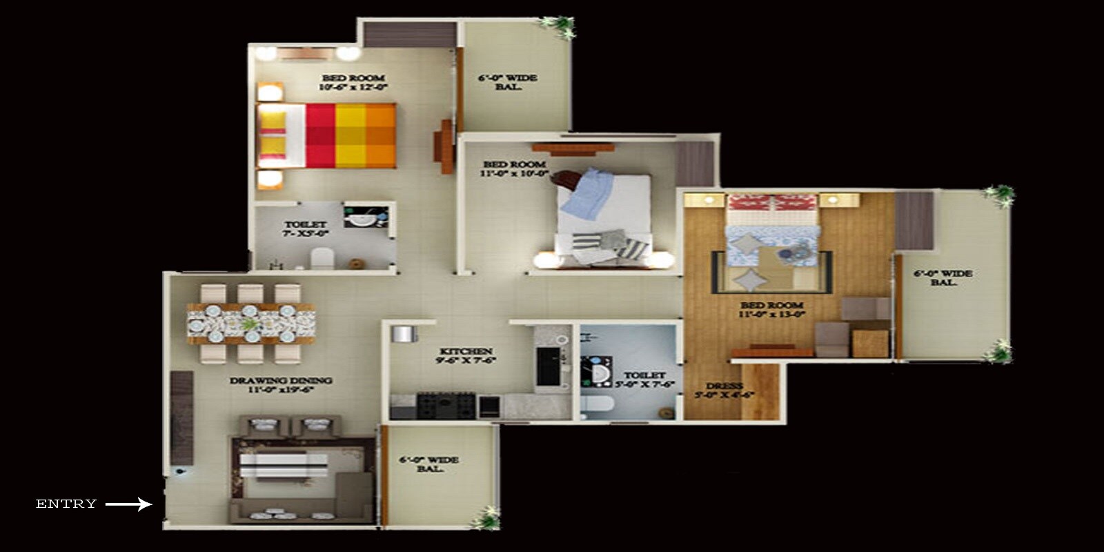 Floor plan of 3 BHK 1464 Sq. Ft. Apartment in Supertech Ecovillage I, Greater Noida