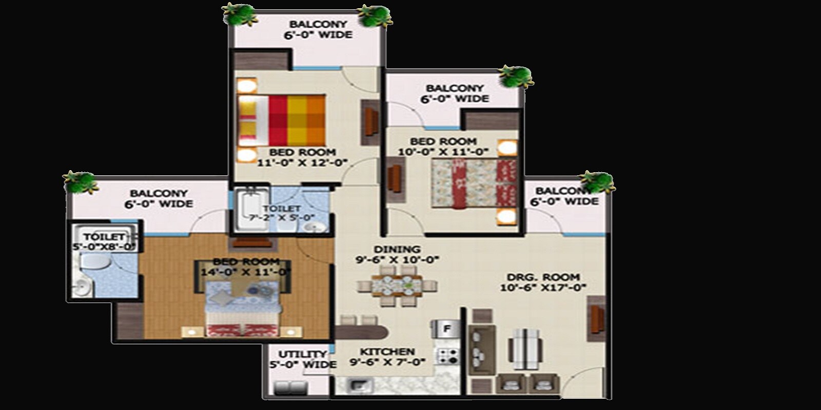 Floor plan of 3 BHK 1545 Sq. Ft. Apartment in Supertech Ecovillage I, Greater Noida