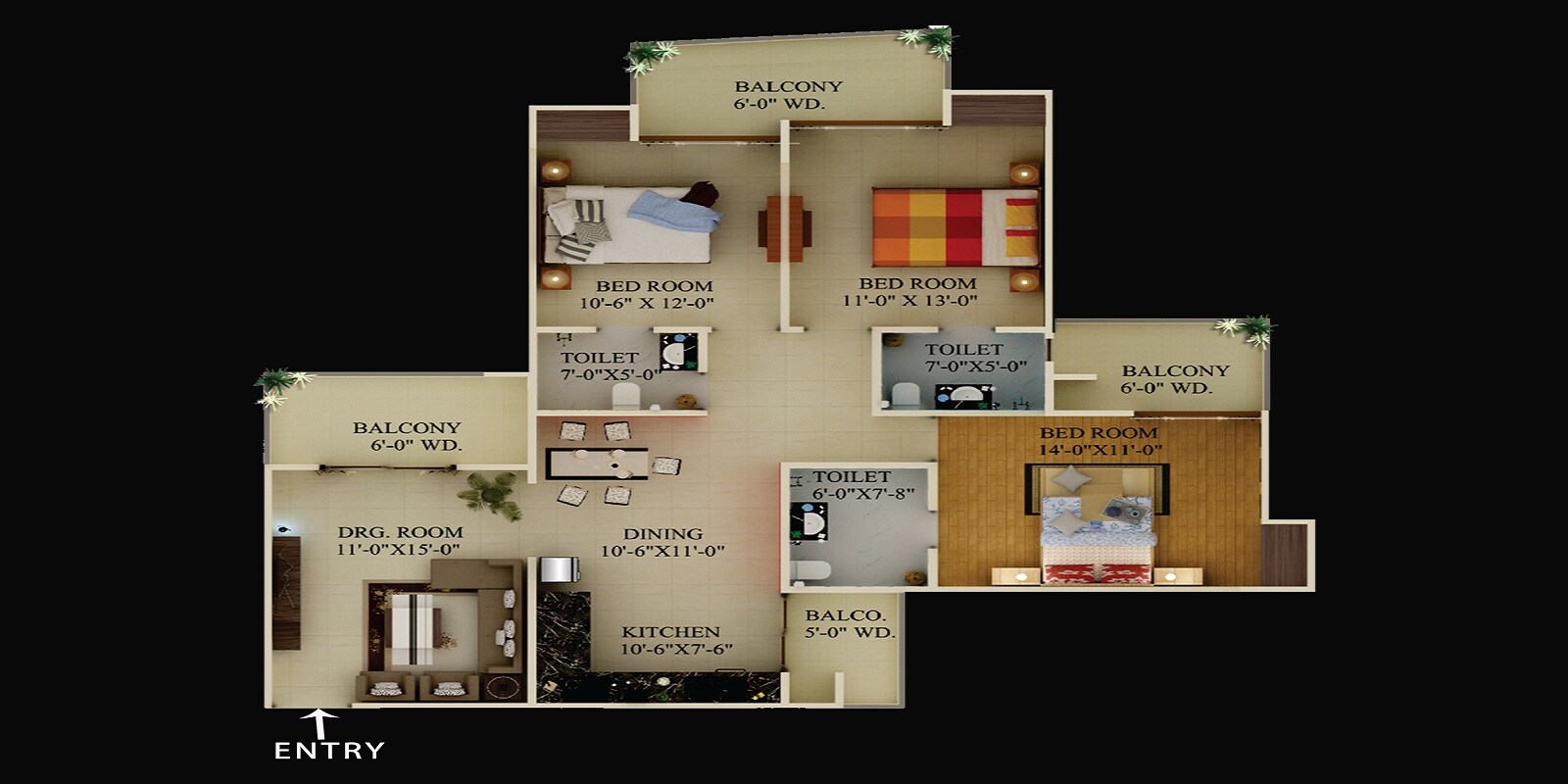 Floor plan of 3 BHK 1718 Sq. Ft. Apartment in Supertech Ecovillage I, Greater Noida