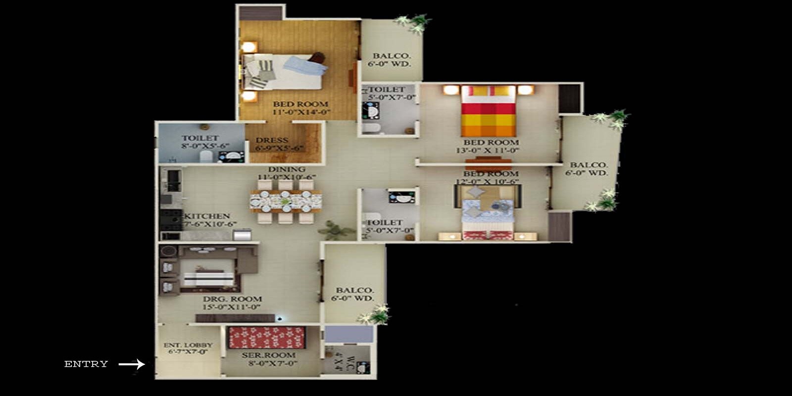 Floor plan of 3 BHK 1906 Sq. Ft. Apartment in Supertech Ecovillage I, Greater Noida
