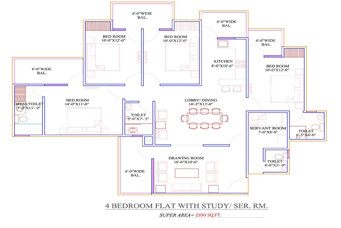 Floor plan of 4 BHK 2100 Sq. Ft. Apartment in Supertech Ecovillage I, Greater Noida