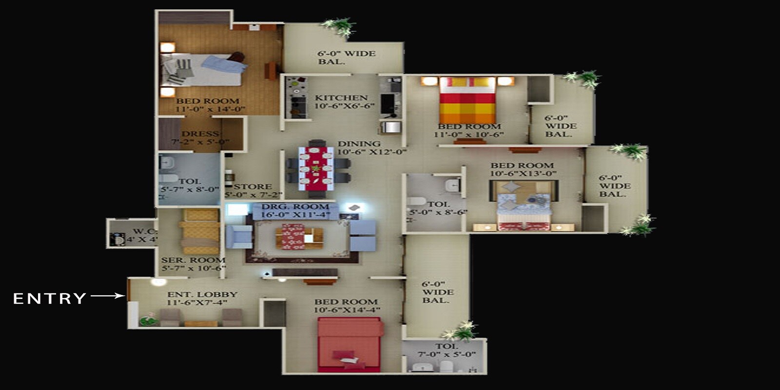 Floor plan of 4 BHK 2364 Sq. Ft. Apartment in Supertech Ecovillage I, Greater Noida