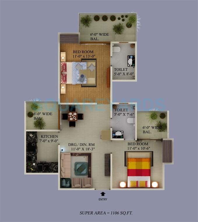 Floor plan of 2 BHK 1106 Sq. Ft. Apartment in Supertech Ecovillage II, Greater Noida
