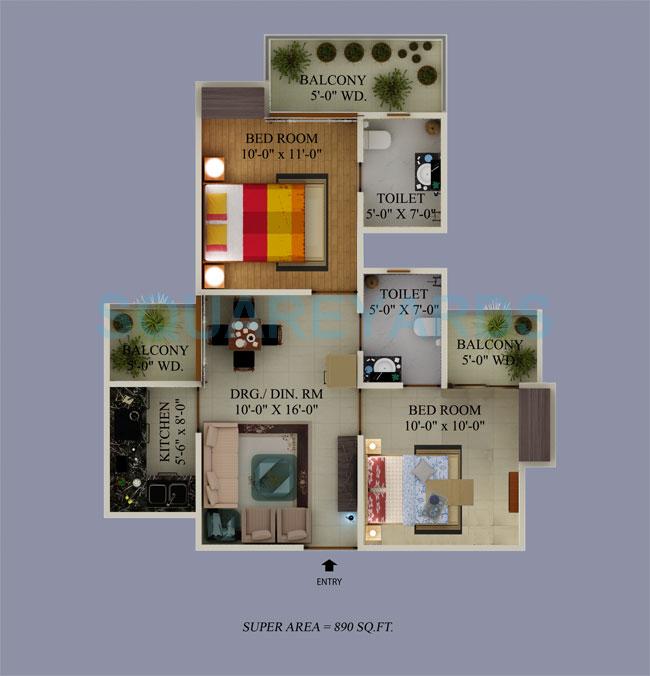 Floor plan of 2 BHK 890 Sq. Ft. Apartment in Supertech Ecovillage II, Greater Noida