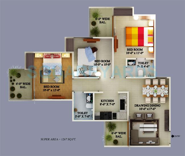 Floor plan of 3 BHK 1267 Sq. Ft. Apartment in Supertech Ecovillage II, Greater Noida