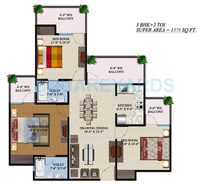 Floor plan of 3 BHK 1375 Sq. Ft. Apartment in Supertech Ecovillage II, Greater Noida