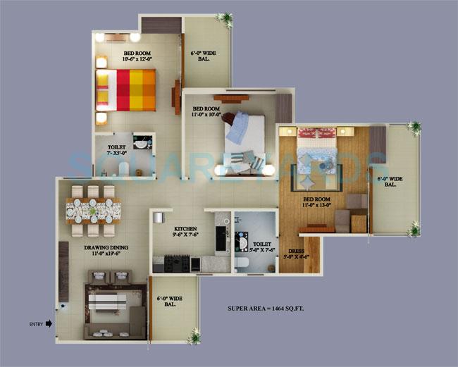 Floor plan of 3 BHK 1464 Sq. Ft. Apartment in Supertech Ecovillage II, Greater Noida